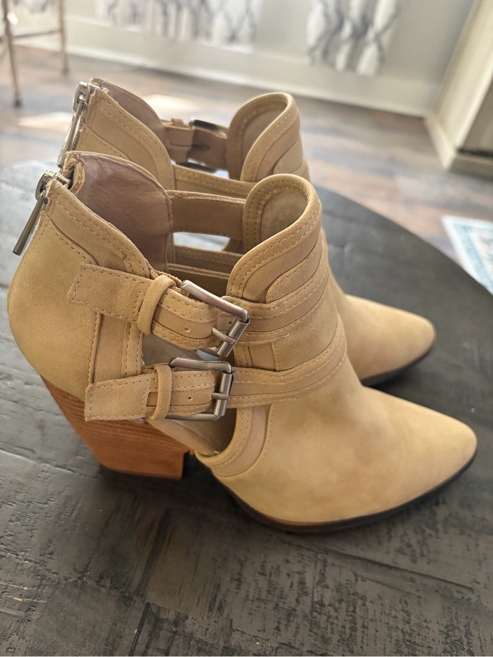 Charles David Tan Suede “Naval” Cutout Buckle Booties EUC Size 7.5